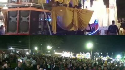 Pj Gubernur Sumut diwakili Sekretaris DPRD Sumut Utara Dr Zulkifli SIP MM bersama anggota DPRD Sumut Wagirin Arman selaku pemrakarsa kegiatan dan Forkopimda, Forkopimca saat pelepasan Festival Takbir Akbar dan Pawai Obor di di Lapangan Desa Klambir V Kebun, Kecamatan Hamparan Perak, Kabupaten Deli Serdang, Sumatera Utara, Minggu (16/06/24) malam. 