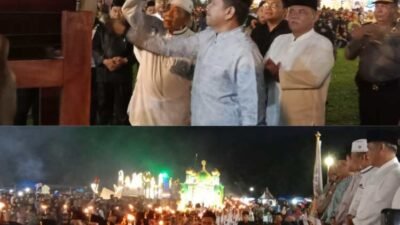 Pj Gubernur Sumut diwakili Sekretaris DPRD Sumut Utara Dr Zulkifli SIP MM bersama anggota DPRD Sumut Wagirin Arman selaku pemrakarsa kegiatan dan Forkopimda, Forkopimca saat pelepasan Festival Takbir Akbar dan Pawai Obor di di Lapangan Desa Klambir V Kebun, Kecamatan Hamparan Perak, Kabupaten Deli Serdang, Sumatera Utara, Minggu (16/06/24) malam.